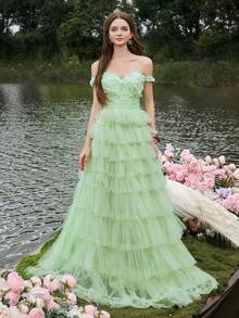 Faeriesty Luxe ​Women's Elegant Off-Shoulder Formal Evening Gown - Back Tie Waist Detail, Multi-Layered Tulle A-Line Skirt. Perfect For Black-Tie Events, Gala Dinners, Luxury Wedding Receptions, Charity Balls, Award Ceremonies.​​ - Green - View 3