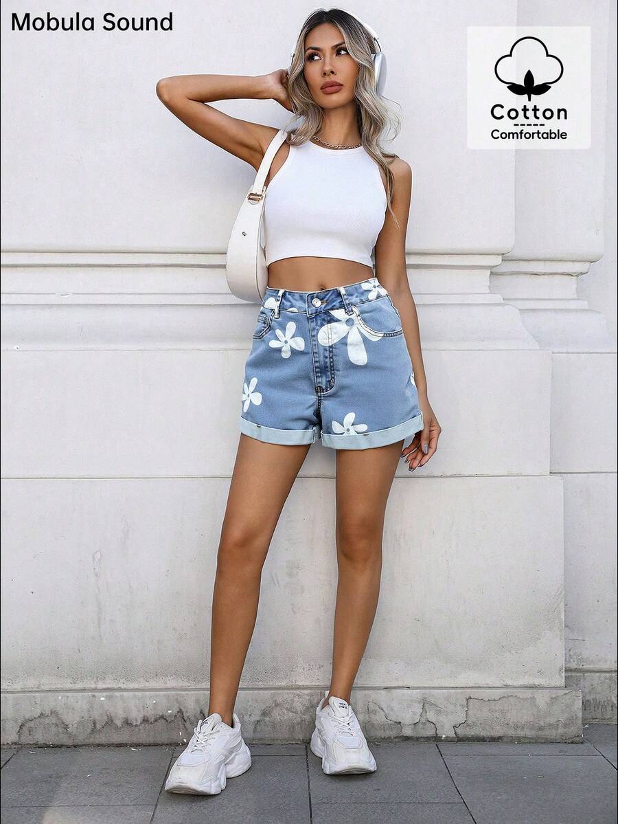 时尚音乐节印花可爱性感牛仔短裤，百搭春夏季，日常穿着，生日派对，单身派对，旅行，机场 - 藍色 - 查看 1