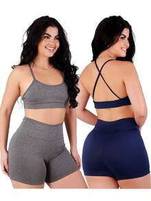 Work Fitness Kit 2 Set Bare Back Top With Cross Straps And Bermuda Shorts Basic Premium - Gray and Blue - View 1