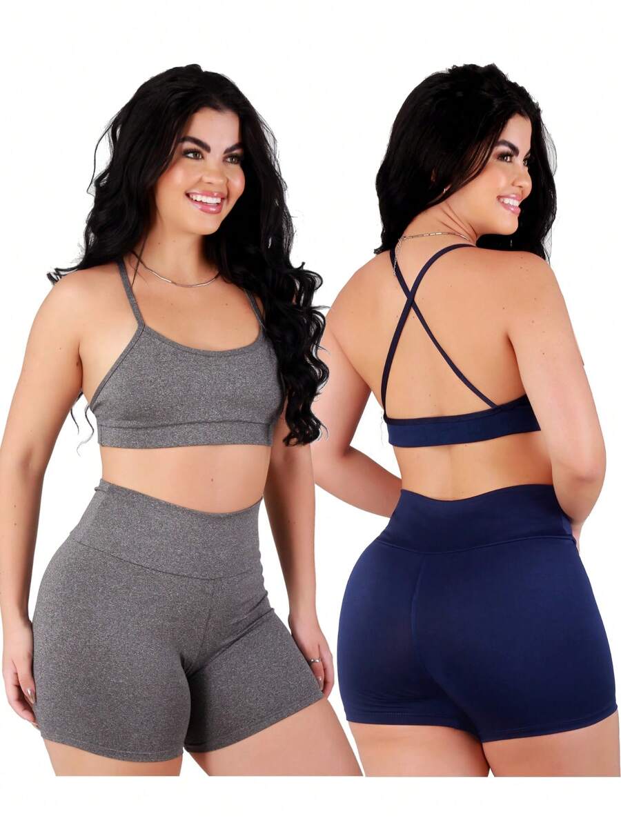 Work Fitness Kit 2 Set Bare Back Top With Cross Straps And Bermuda Shorts Basic Premium - Gray and Blue - View 1