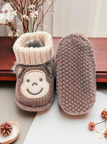 1 双新生儿针织短靴，柔软婴儿袜靴，手工钩编，适合男婴和女婴，初学步鞋，卡通猴子图案，0-3 个月