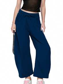 Drawstring Sweatpant For Women Casual  Solid Color Loose Wide Leg Trouser With Pockets - Navy Blue - View 1