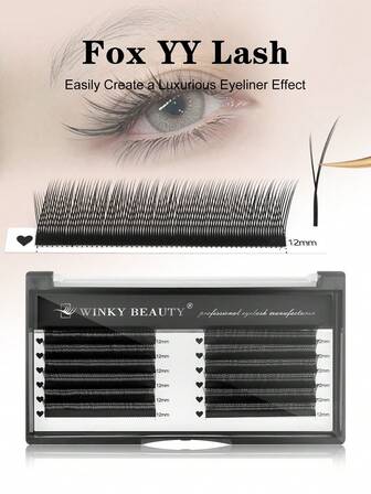 Winky Beauty 12排狐狸眼睫毛 5d YY C/D 卷翘蓬松纤细斜飞预制扇形 8-13mm 狐狸眼睫毛延长眼尾拉长效果山茶花风格单根睫毛柔软自然睫毛妆容