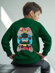 Tween Boy Casual Simple Remote Control Printed Long Sleeve Sweatshirt Autumn And Winter Student - Dark Green - View 8