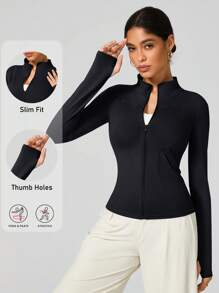 秋冬女士瑜伽夹克，运动跑步骑行服，长袖健身夹克，拉链上衣 - 黑色 - 查看 1