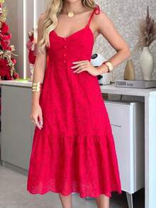 MIDI DRESS WITH TIES ON THE LAISE STRAPS - Red - View 3