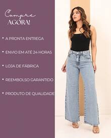 Calça Jeans Feminina Wide Leg Cintura Alta Tecido Grosso Elegante Confortável Vintage 100% Jeans Algodão