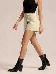 Plain Wrap Mini Skirts For Women - High Waist Asymmetric Hem Skirts With Zipper - Màu be - Xem 3