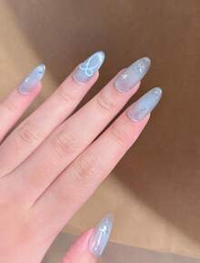 OroBelle 2025 Blue Cat Eye & Watercolor Press-On Nails| Long Oval Shape| With Starry Glitter, Holographic Flows & Bow Details| Icy Blue Glass Pearl Nail Art - S - Xem 4
