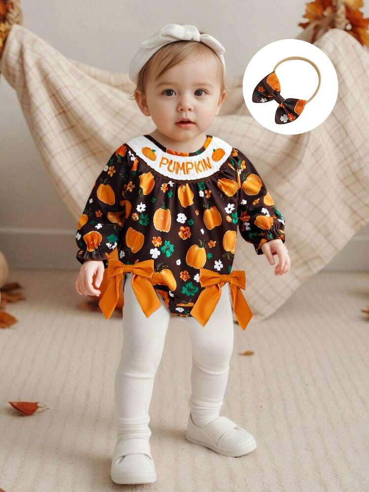 Newborn Girl Outfit, Long Sleeve Crew Neck Pumpkin Flowers Print Romper With Hairband Halloween Clothes - 黑色 - 查看 3