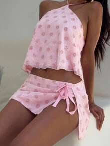 Women's Summer Flower Set Summer Fashionable Sequin Sleeveless Halter Neck Crop Tops With Mini Skirt 2 Piece Outfit - 粉色 - 查看 4