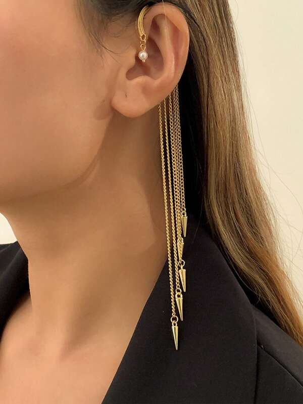 1 pieza, Pendiente de oreja con cadena de remache con borla de strass único y de alta gama, accesorio versátil adecuado para uso diario de mujeres, fiestas, regalo para la mejor amiga
