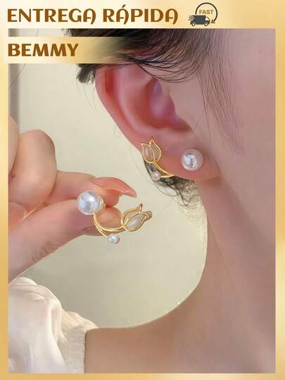 BEMMY Brincos Elegantes de Pérolas com Flor de Tulipa, Adequado Para Mulheres Usarem Diariamente e em Festas