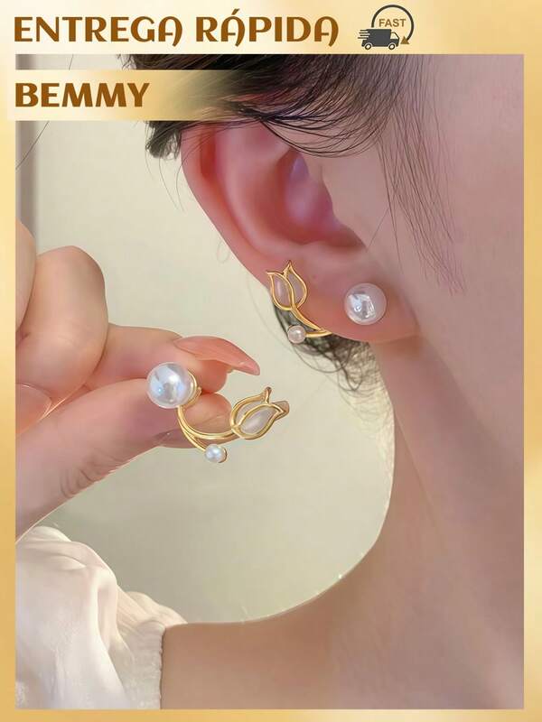 BEMMY Brincos Elegantes de Pérolas com Flor de Tulipa, Adequado Para Mulheres Usarem Diariamente e em Festas