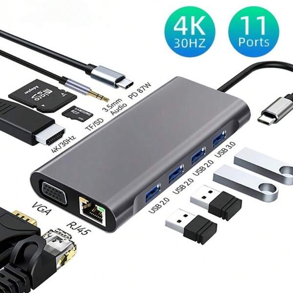 11-In-1 USB C HUB 4K 30Hz Type C To Compatible USB 3.0 Adapter 11 In 1 Type C HUB Dock PD 87W USB C Splitter For Book Pro Air