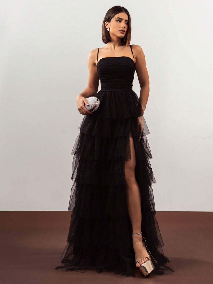 LONG WEDDING PARTY DRESS BRIDESMAIDS CLASSIC TULLE WITH SHINE - BLACK - View 1