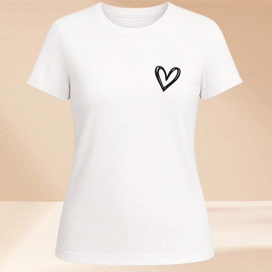 Women's Basic T-Shirt Cute Heart 100% Cotton Various Colors - 白色 - 查看 1