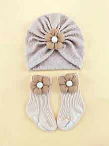 0-6个月婴儿四季花朵弹性头带帽子和袜子套装，新生儿无檐便帽礼盒，婴幼儿头饰配饰套装
