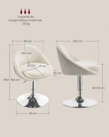 VASAGLE Chaise Réglable, Chaise de Coiffeuse, Fauteuil de Bureau Pivotant, Tabouret de Bar avec et Socle, en Acier, pour Bar, Bureau, Coiffeuse, Salle à Manger, Blanc Crème - Blanc - Voir 6