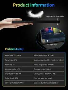 2.5K 16-Inch 60hz 2560*1600P Brightness 350cd/㎡ 100%SRGB 350nits High Refresh 16:10 Material Aluminum Built-In Speaker, Gaming/Ultra-Thin Portable Monitor Second Screen Console For PS/Laptop/Mobile Phone, No Adapter