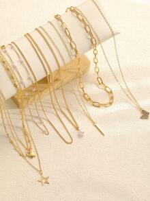 10 件时尚、简约、优雅、精致、复古设计的多层项链套装，包含蝴蝶结、心形、星形、几何图案、串珠、镂空、流苏、蛇形链、盒形链、简约吊坠项链，适合节日、派对、约会、礼物、日常佩戴 - 金黃色-10pcs - 查看 7