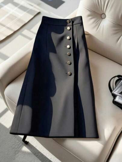Women's Elegant A-Line Long Skirt, Button Front Design, Casual Polyester Non-Stretch Fabric, Suitable For Daily Wear Black