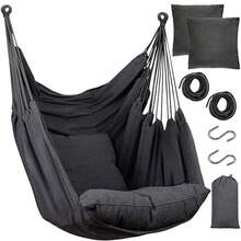 Hammock Chair Hanging Hammock Chair Rope Swing 2 Cushions Included-Sturdy & Durable Soft Cotton Hand Woven Hammock Swing For Bedroom, Porch, Patio-Indoor/Outdoor - 深灰色 - 查看 1