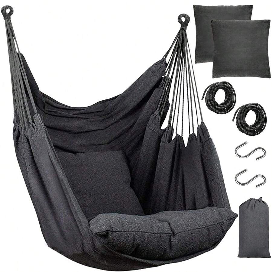 Hammock Chair Hanging Hammock Chair Rope Swing 2 Cushions Included-Sturdy & Durable Soft Cotton Hand Woven Hammock Swing For Bedroom, Porch, Patio-Indoor/Outdoor - 深灰色 - 查看 1