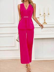 CONJUNTO LISO UNICOLOR PARA DAMA, CONJUNTO DE 2 PIEZAS, PANTALÓN CON ELÁSTICO EN CINTURA Y BOLSILLOS LATERALES Y TOPS CHALECO, TELA ELÁSTICAC, DELGADO Y LIGERO - Rosa Fucsia - Ver 3