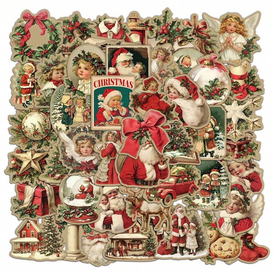 50/100pcs New Retro Christmas Stickers Guitar Notebook Luggage DIY Santa Claus Stickers Scrapbook Supplies Funny Stickers Laptop Stickers Kindle Phone Stickers - Multicolor - View 1