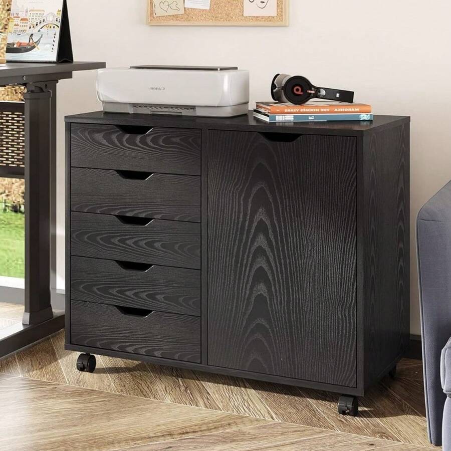 Dresser 5-Drawer Wood Chest For Home Office With Door, Mobile Storage Cabinet And Printer Stand - màu đen - Xem 1