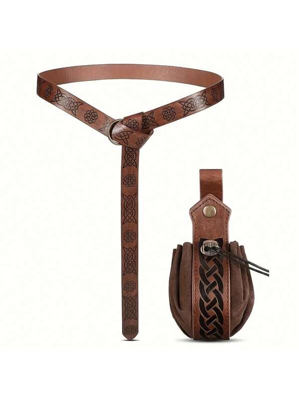 2pcs Renaissance & Viking-Inspired Faux Leather Belt With Intricate Knot Patterns - Retro Steampunk Drawstring Pouch, Ideal For Halloween Cosplay, LARP, And Stage Performances, Stage Accessory|Vintageinspired Design|Durable Faux Leather Belt, Viking Accessories