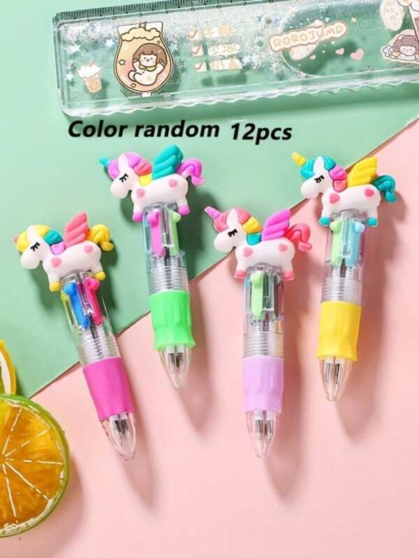 12pcs Unicorn Retractable Ballpoint Pens - Colorful, Pastel Designs With Sparkling Accents, Medium Tip, Plastic Construction, Ideal For Stationery And Crafts, Craft Supplies | Playful Design | Plastic Construction,For School Supplies,Back To School