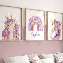 3pcs Custom Name Unicorn Canvas Prints - Personalized Wall Art For Bedroom, Pink & Purple Unicorn Designs With Rainbow, Floral Accents, Frameless, Indoor Decor For Living Room Or Nursery, Nursery Wall Decor | Playful Room Accent | Vibrant Wall Art, Unicorn Decor - Multicolor - View 3