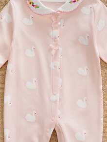 WhaleJoan 1pc Baby Girl Swan Print Long Sleeve Jumpsuit With Embroidered Bow Collar - Pink - View 5