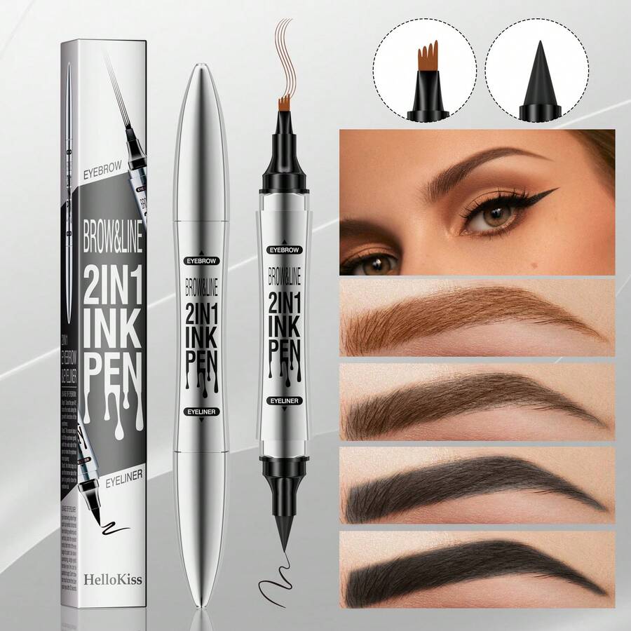 HelloKiss 2-In-1 Dual-Tip Liquid Eyebrow Pencil And Black Eyeliner, Waterproof Long-Lasting Smudge-Proof Eyebrow Definition Pen, Precise Fine Tip, Quick-Drying Natural Hair-Like Eye Makeup Tool, Suitable For Beginners And Daily Use