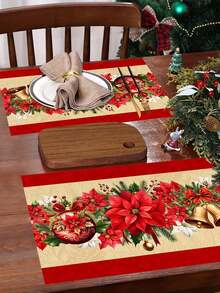 1/2/4pcs Christmas Theme Placemats, Christmas Wreath Placemats With Red Floral, Bell, Christmas Ball Patterns, Polyester Placemats, 30x45CM, Suitable For Christmas Holiday Table Decor, Christmas Party Supplies - Multicolor - View 2