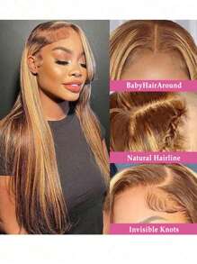 200% 密度直发 34 英寸蕾丝前假发，带婴儿头发 - 预漂白直发 13*6 蕾丝前假发，无胶混合发假发 - 渐变蜂蜜金色高光 P4/27 颜色蕾丝前假发，自然发际线 - 适合所有种族的优雅风格，耳到耳高清透明蕾丝前假发，巴西雷米真人混合发假发，适合初学者