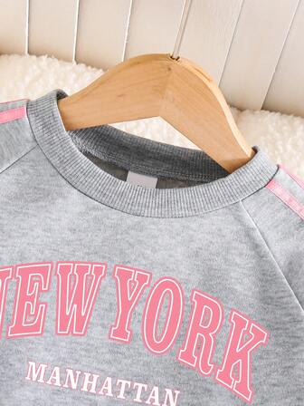 Toddler Letter Print Warm Crew Neck Sweatshirt And Pants Set