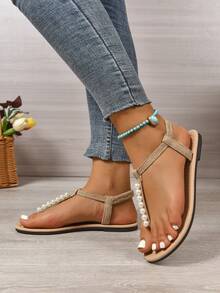 新款春夏时尚女士系带拖鞋，时尚休闲罗马风格一脚蹬凉鞋，黑色、米色、棕色休闲平底拖鞋，纯色厚织舒适沙滩凉鞋，博主推荐厚底凉鞋，夏季沙滩鞋，优雅搭扣低跟圆头拖鞋，防臭防滑简约户外拖鞋，百搭平底一脚蹬女士平底凉鞋 - 卡其色 - 查看 4