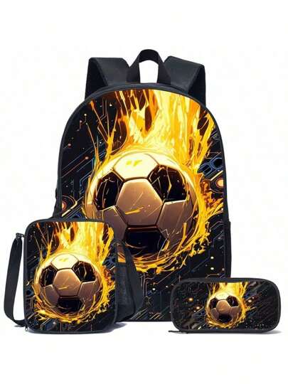 3 件套足球主题背包套装，含午餐盒、铅笔盒和储物袋 - 耐用涤纶、轻便、时尚混色