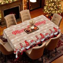 Weihnachtsthema Polyester Tischdecke, runder Durchmesser 145cm, rechteckig 140x180cm, Weihnachtstischdecke mit Weihnachtsmann Zwerg Muster, fröhliche Weihnachten Schriftzug Holzmaserung Hintergrund Design, geeignet für Feiertags-Restaurant, Heimdekoration und Jahresendfeier - Schwarz und Weiß - Übersicht 9