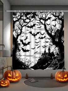 万圣节浴帘套装，带防滑浴室地毯、马桶盖和座椅 - 采用防水涤纶制成，恐怖蝙蝠主题，编织，包含 12 个挂钩 - 必备浴室装饰物品（1 件/4 件） - 彩色 - 查看 12