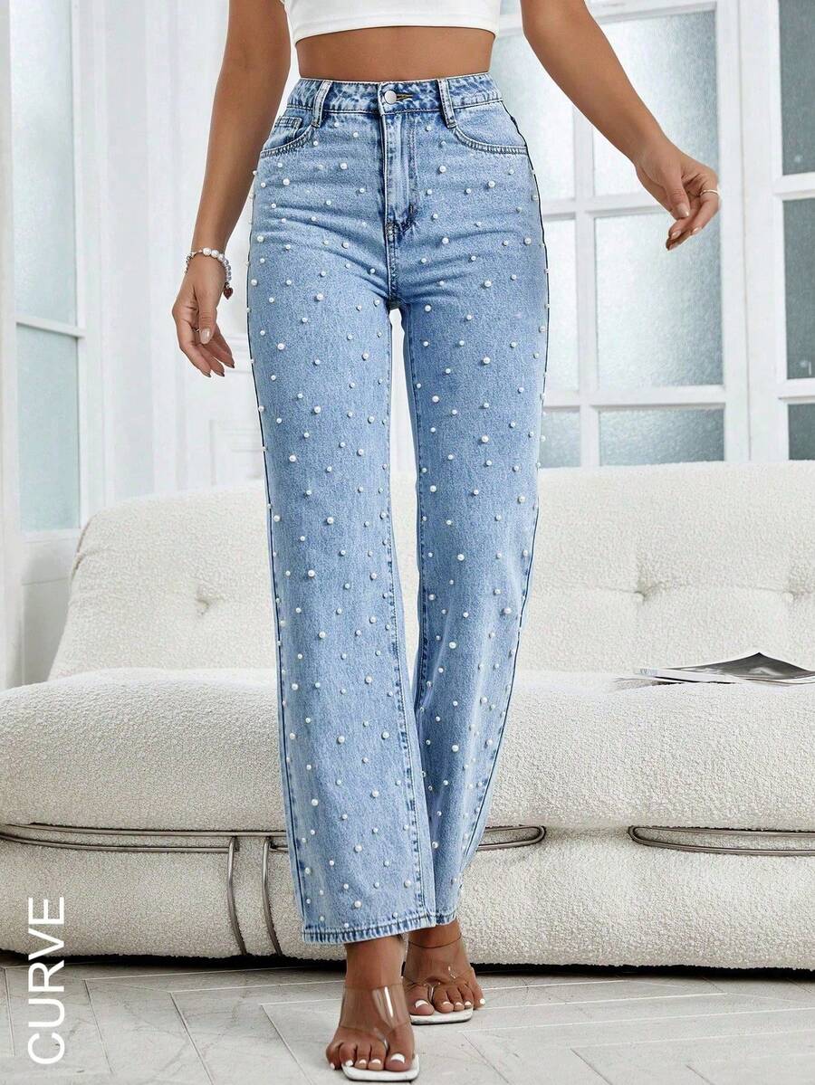 Women's Large-Size Straight-Cut Jeans With Pearl Decorations, Slant Pockets, Fashionable And Casual, Loose And Wide-Leg, Versatile Daily Women's Jeans, Plus-Size - 淺色水洗藍 - 查看 1