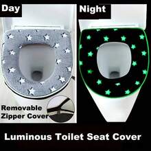 Soft Plush Star Luminescent Toilet Seat Cover, Grey/Blue, Detachable And Reusable With Zipper Or Snap Closure. Winter Comfort And Warmth, Essential Bathroom Mat And Ring Set, Zipper And Bottom PU And Handle Accessories Randomly Dispatched. All-Season Suitable Toilet Seat Cover, Halloween/Christmas/New Year Gift, Home Bathroom Decoration - Multicolor - View 1