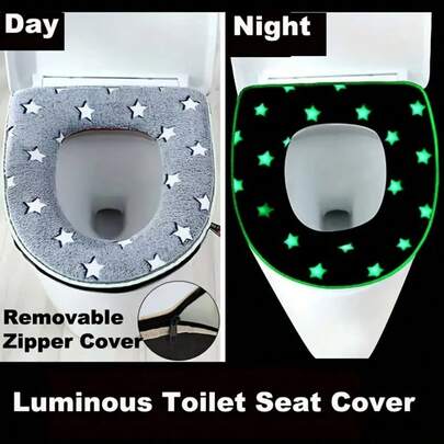 Soft Plush Star Luminescent Toilet Seat Cover, Grey/Blue, Detachable And Reusable With Zipper Or Snap Closure. Winter Comfort And Warmth, Essential Bathroom Mat And Ring Set, Zipper And Bottom PU And Handle Accessories Randomly Dispatched. All-Season Suitable Toilet Seat Cover, Halloween/Christmas/New Year Gift, Home Bathroom Decoration