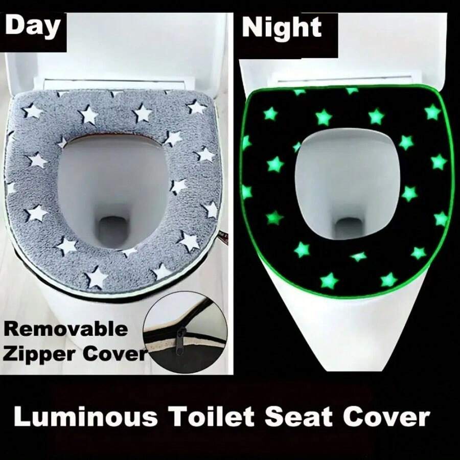 Soft Plush Star Luminescent Toilet Seat Cover, Grey/Blue, Detachable And Reusable With Zipper Or Snap Closure. Winter Comfort And Warmth, Essential Bathroom Mat And Ring Set, Zipper And Bottom PU And Handle Accessories Randomly Dispatched. All-Season Suitable Toilet Seat Cover, Halloween/Christmas/New Year Gift, Home Bathroom Decoration - Multicolor - View 1
