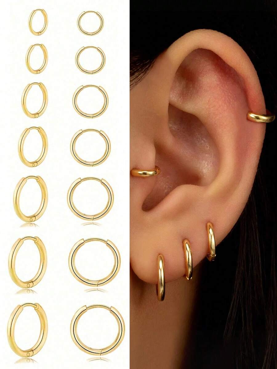 1 Pair Stainless Steel Earrings, Unisex, Stackable, Cartilage Hoop, Hinged Earrings, Small Earring Set, Suitable For Girls - Gold - View 1