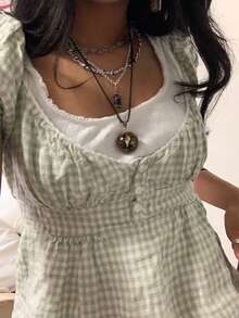 Y2k Summer Tops For Women Cute Sweetheart Neck Crop Tops Solid Color Short Sleeve Pleated Hem Button-Up Slim Fit Blouse Babydoll Tee Casual Going Out Tops Streetwear Fairy Clothes - 綠色 - 查看 2