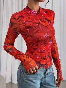 Womens Long Sleeve Going Out Tops  Fall Mesh Floral Blouses Slim Fitted Shirts Date Night Outfits - 橘紅大花 - 查看 4